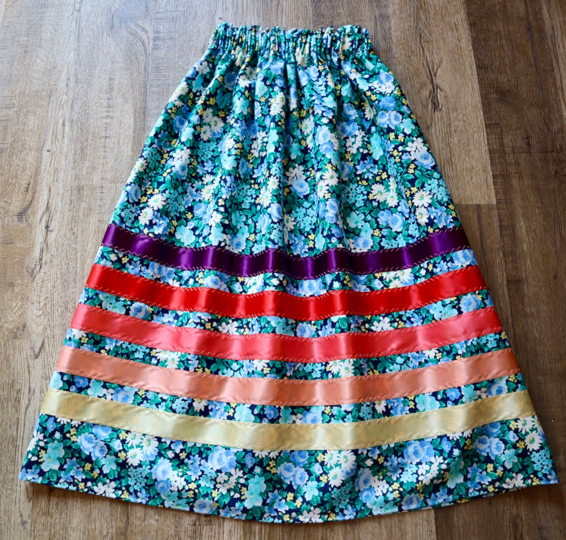 Handmade Ceremony, Casual Ribbon Skirt: Fire Tones, Blue Floral Print, Custom Waist *up to 50 inches* (enter desired sizes waist size “inches” or Dress/Pants size in order notes)