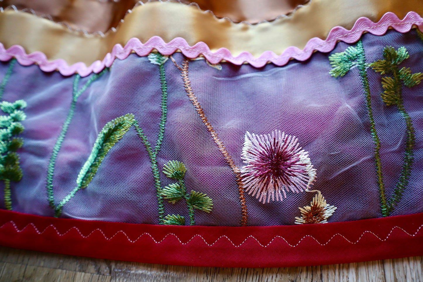 Couture Embroidered Stacked Pony Ribbon Skirt Pockets Womens Maroon Ivory Floral Lace Overlay Earth Tones Ombre OOAK Indigenous HandMade *up to 50 inches* (enter desired sizes waist size “inches” or Dress/Pants size in order notes)