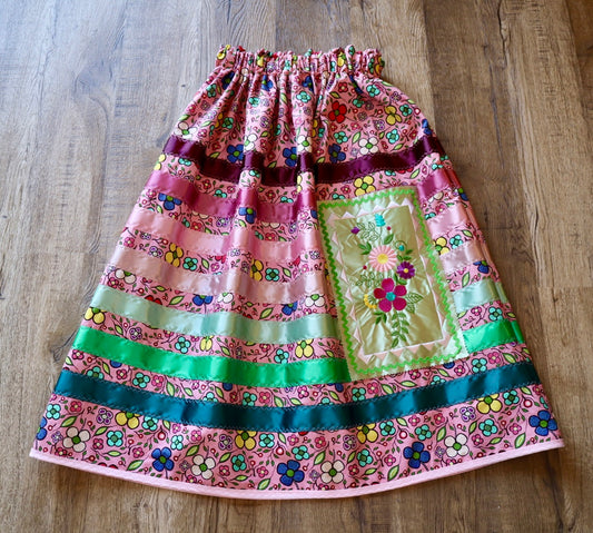 Couture Embroidered Ribbon Skirt Pockets Women’s Pink Green Ombre Floral Premium Cotton OOAK Indigenous HandMade Clothing CustomWaist *up to 50 inches* (enter desired waist size “inches” or Dress/Pants size in order notes)