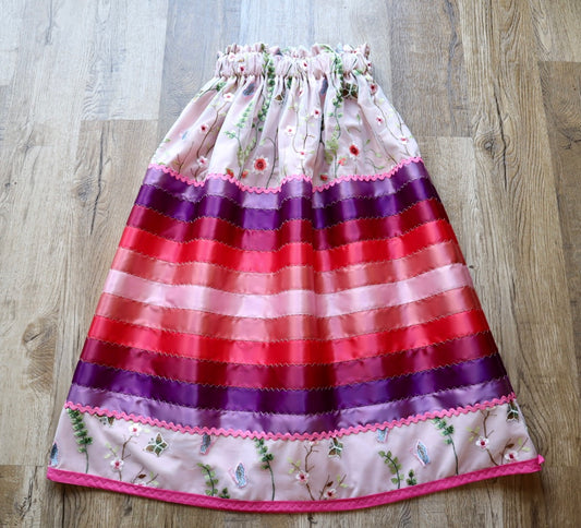 Couture Stacked Ribbon Skirt Pockets Womens Pink and White Lace Purple Pink Ombre RicRac Premium Cotton OOAK Indigenous HandMade *up to 50 inches* (enter desired sizes waist size “inches” or Dress/Pants size in order notes)