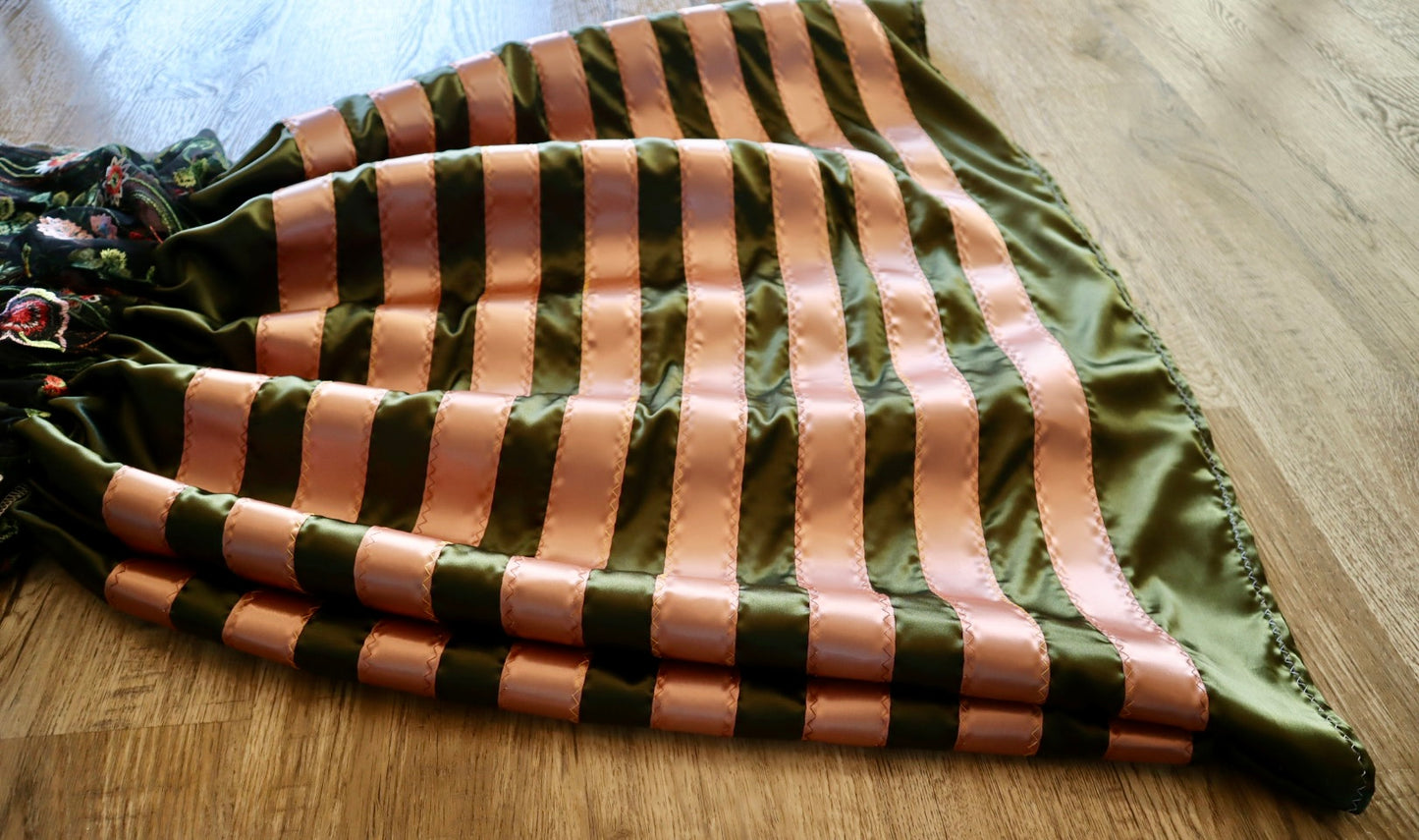 Couture Overlay Ribbon Skirt Women’s Black Embroidered Floral Lace Olive Green Satin Indigenous HandMade Clothing Custom Waist *up to 50 inches* (enter desired waist size “inches” or Dress/Pants size in order notes)