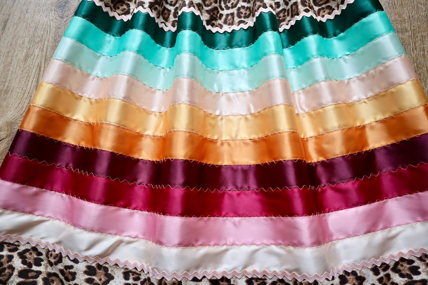 Couture Stacked Ribbon Skirt Pockets Womens Jaguar Print Pink Turquoise Ombre RicRac OOAK Indigenous HandMade *up to 50 inches* (enter desired sizes waist size “inches” or Dress/Pants size in order notes)