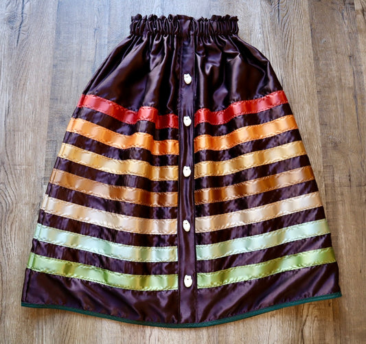 Couture Satin Ribbon Skirt: Dark Chocolate, Earth Tones with Faux Elk Teeth *up to 50 inches* (enter desired waist size “inches” or Dress/Pants size in order notes)
