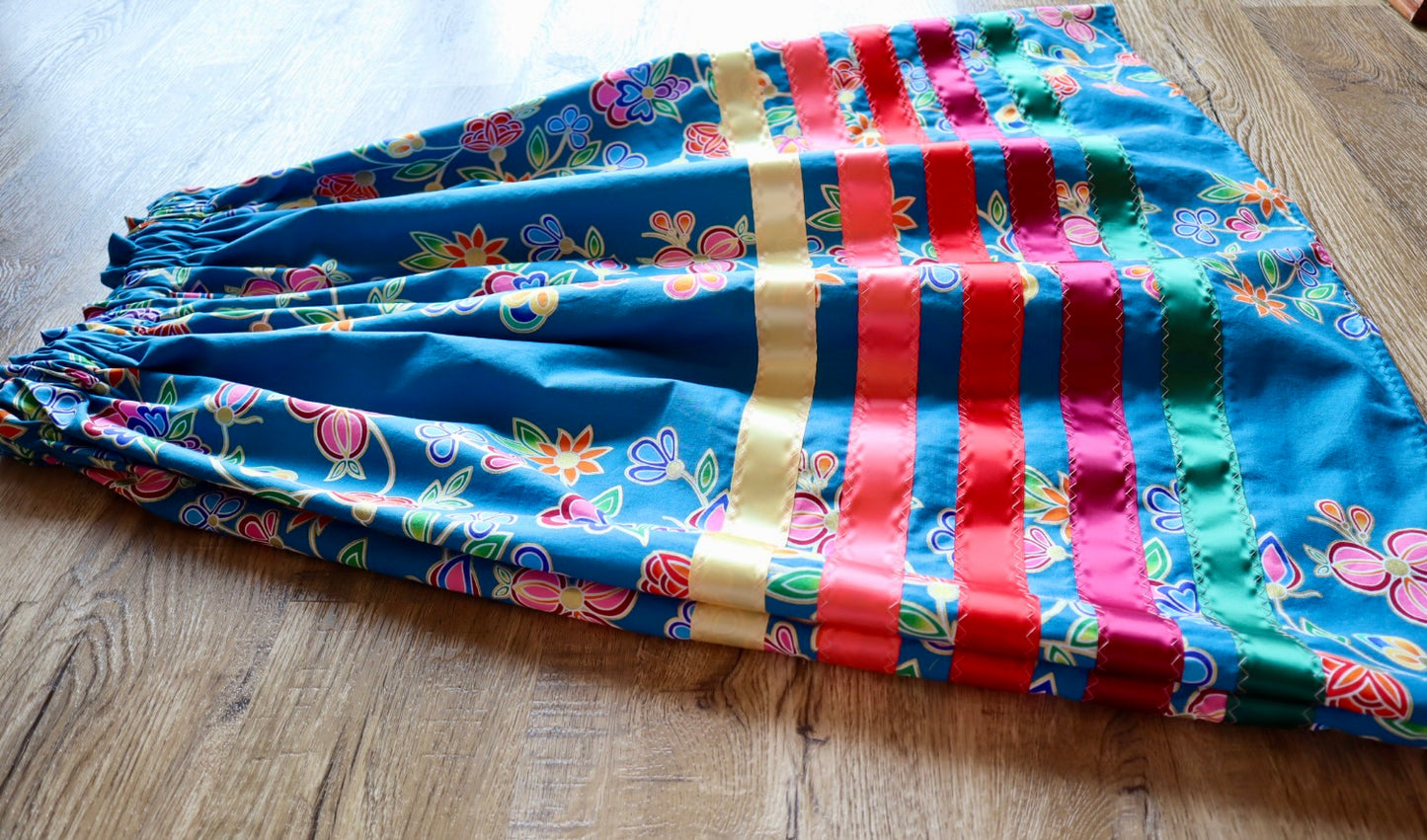 Handmade Ceremony, Casual Ribbon Skirt: Fire Tone Ombre, Blue Indigenous Floral Print, Custom Waist *up to 50 inches* (enter desired sizes waist size “inches” or Dress/Pants size in order notes)