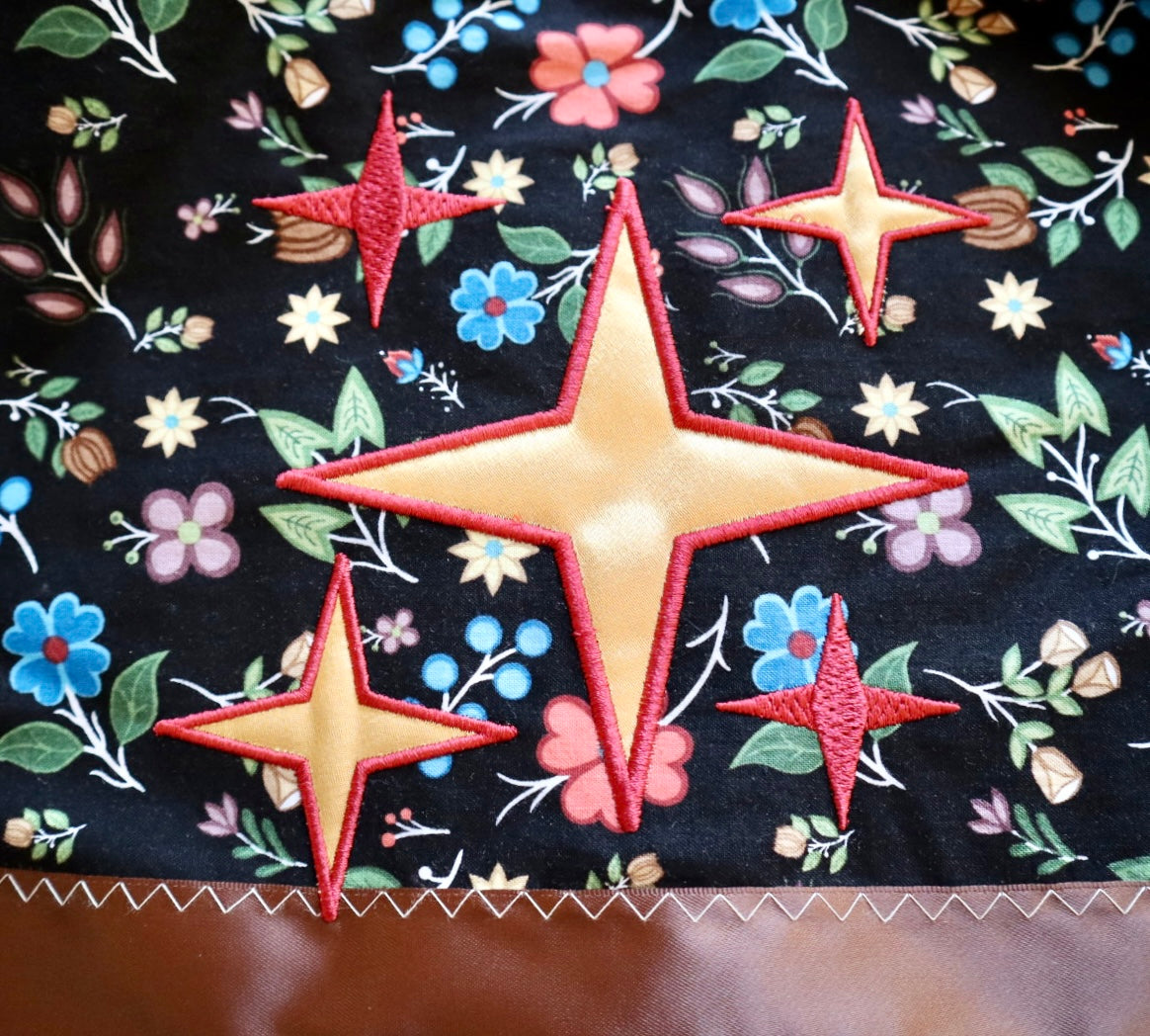 Couture Embroidered Star & Bear Ribbon Skirt Pockets Womens Black Floral Cotton Brown to Gold Ombre OOAK Indigenous HandMade *up to 50 inches* (enter desired sizes waist size “inches” or Dress/Pants size in order notes)
