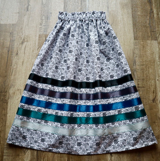 Handmade Ceremony, Casual Ribbon Skirt: Turquoise Tones, Black and White Floral Print, Custom Waist *up to 50 inches* (enter desired sizes waist size “inches” or Dress/Pants size in order notes)