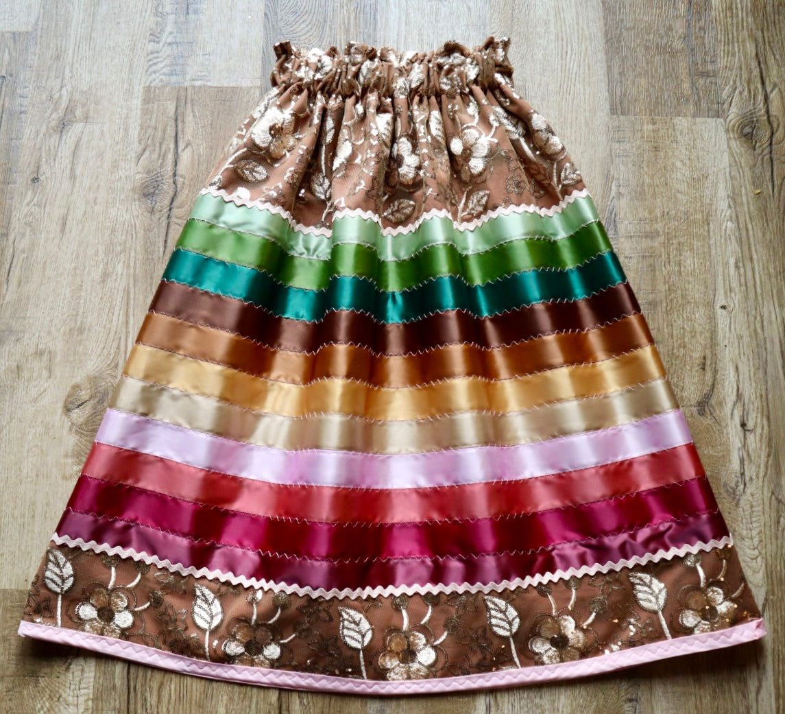 Couture Stacked Ribbon Skirt Pockets Womens Gold Floral Lace Copper Earth Tone Ombre RicRac Cotton OOAK Indigenous HandMade *up to 50 inches* (enter desired sizes waist size “inches” or Dress/Pants size in order notes)