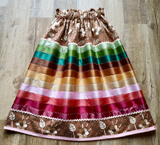 Couture Stacked Ribbon Skirt Pockets Womens Gold Floral Lace Copper Earth Tone Ombre RicRac Cotton OOAK Indigenous HandMade *up to 50 inches* (enter desired sizes waist size “inches” or Dress/Pants size in order notes)