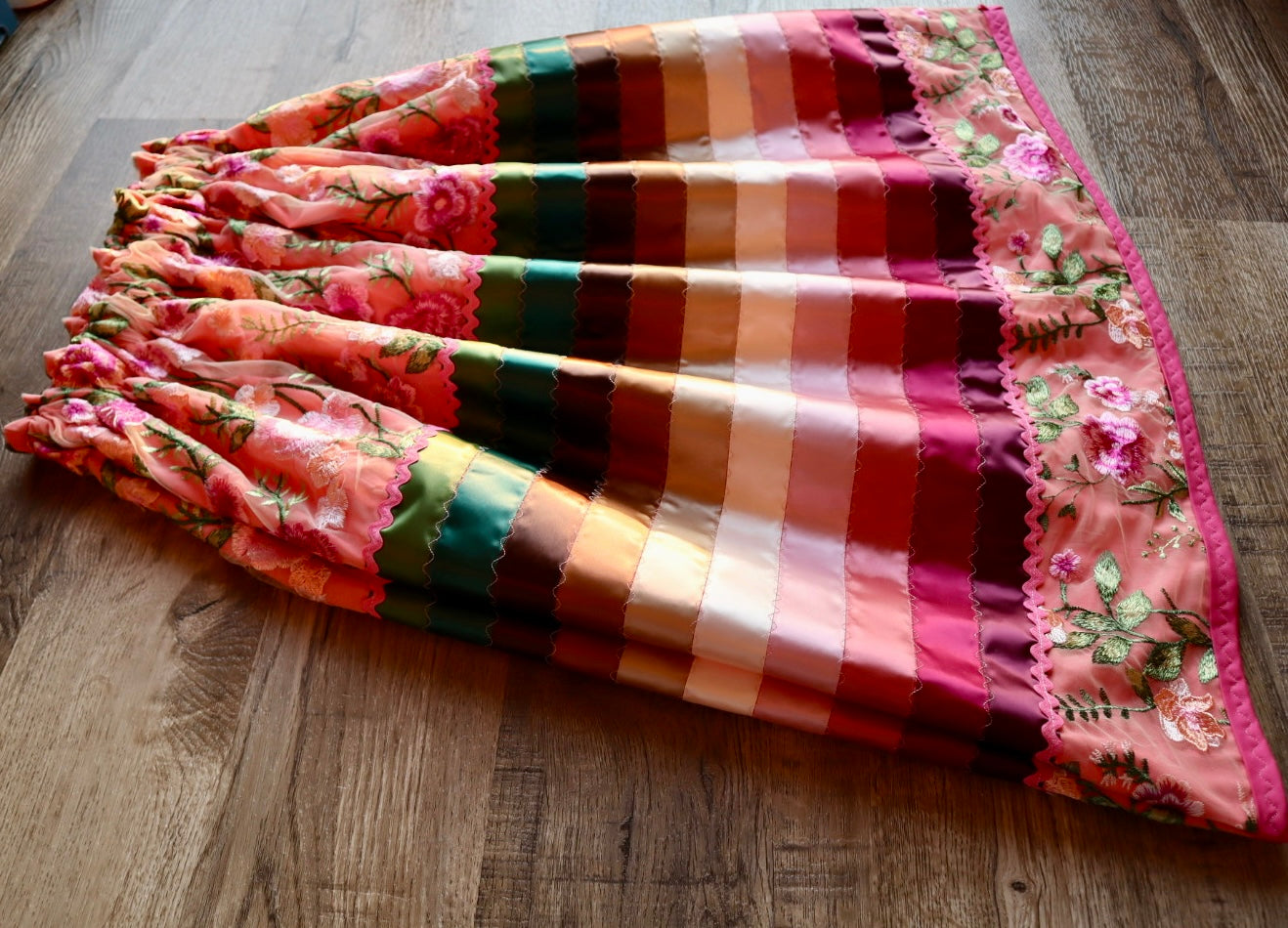 Couture Stacked Ribbon Skirt Pockets Womens Peachy Pink and Nude Lace Earth Tone Ombre RicRac Cotton OOAK Indigenous HandMade *up to 50 inches* (enter desired sizes waist size “inches” or Dress/Pants size in order notes)