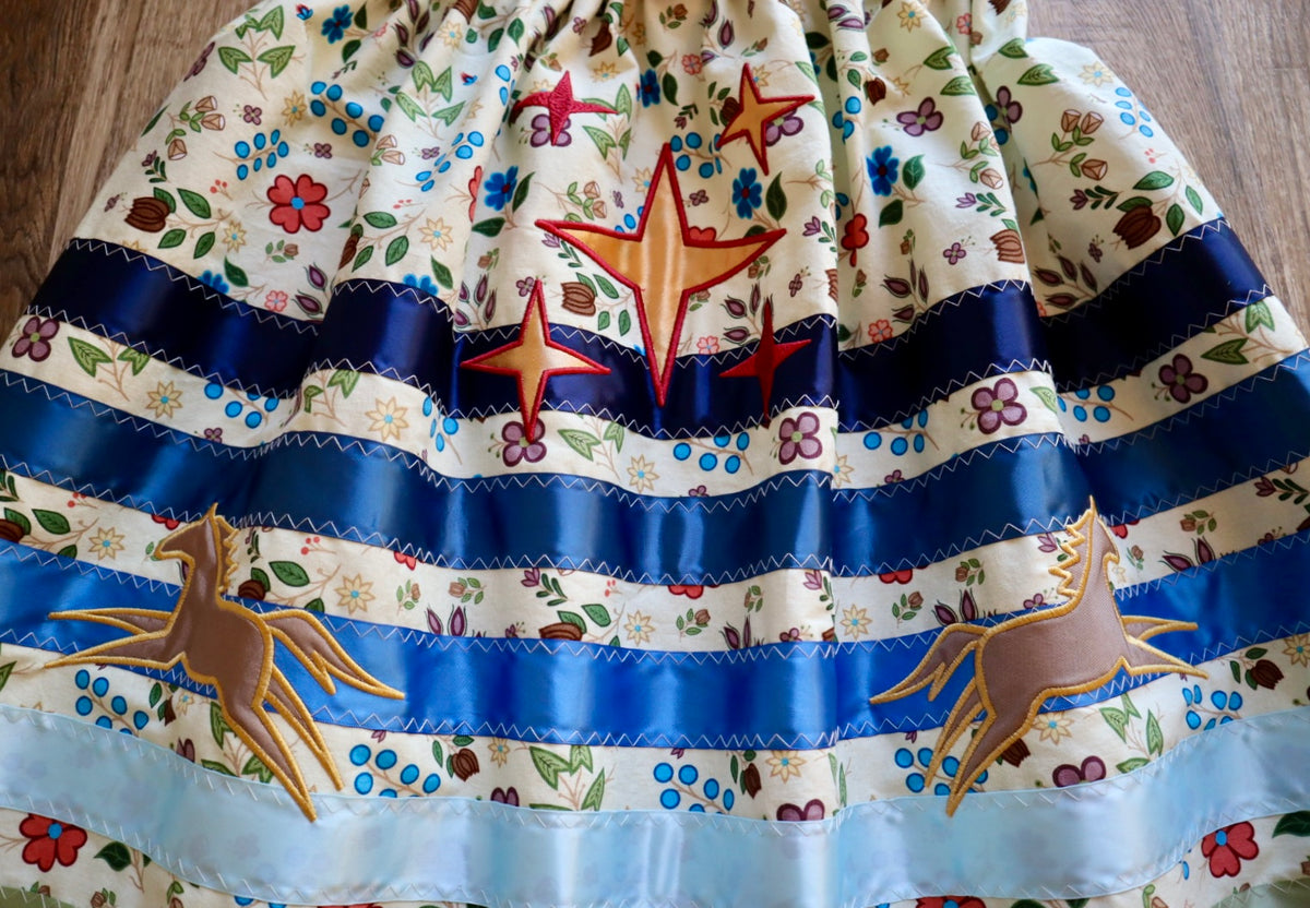 Couture Embroidered Star & Pony Ribbon Skirt Pockets Womens Black Floral Cotton Blue to Green Ombre OOAK Indigenous HandMade *up to 50 inches* (enter desired sizes waist size “inches” or Dress/Pants size in order notes)