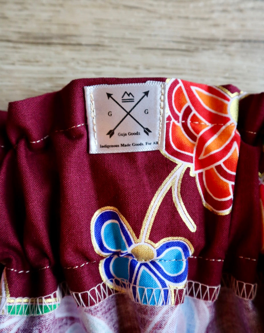 Handmade Ceremony, Casual Ribbon Skirt: Earth Tones, Maroon  Indigenous Floral Print, Custom Waist *up to 50 inches* (enter desired sizes waist size “inches” or Dress/Pants size in order notes)