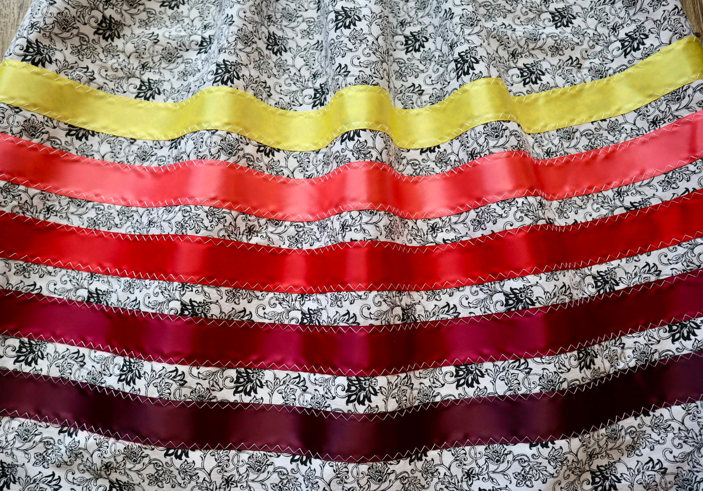 Handmade Ceremony, Casual Ribbon Skirt: Fire Tones, White and Black Floral Print, Custom Waist *up to 50 inches* (enter desired sizes waist size “inches” or Dress/Pants size in order notes)