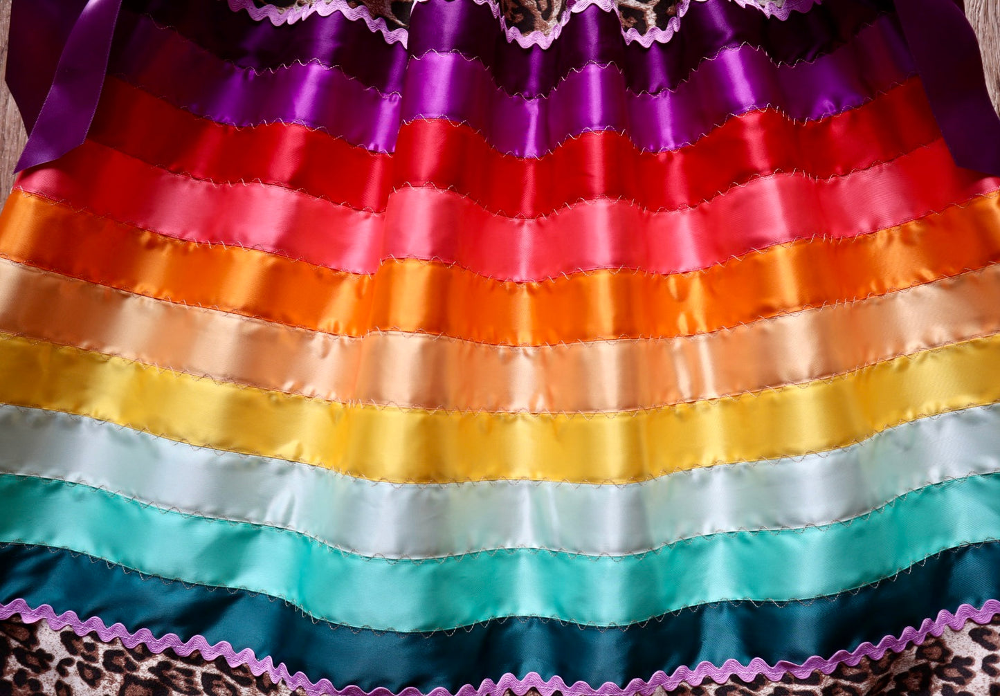 Couture Stacked Ribbon Skirt Pockets Detachable Bows Womens Jaguar Print Rainbow Ombre RicRac OOAK Indigenous HandMade *up to 50 inches* (enter desired sizes waist size “inches” or Dress/Pants size in order notes)