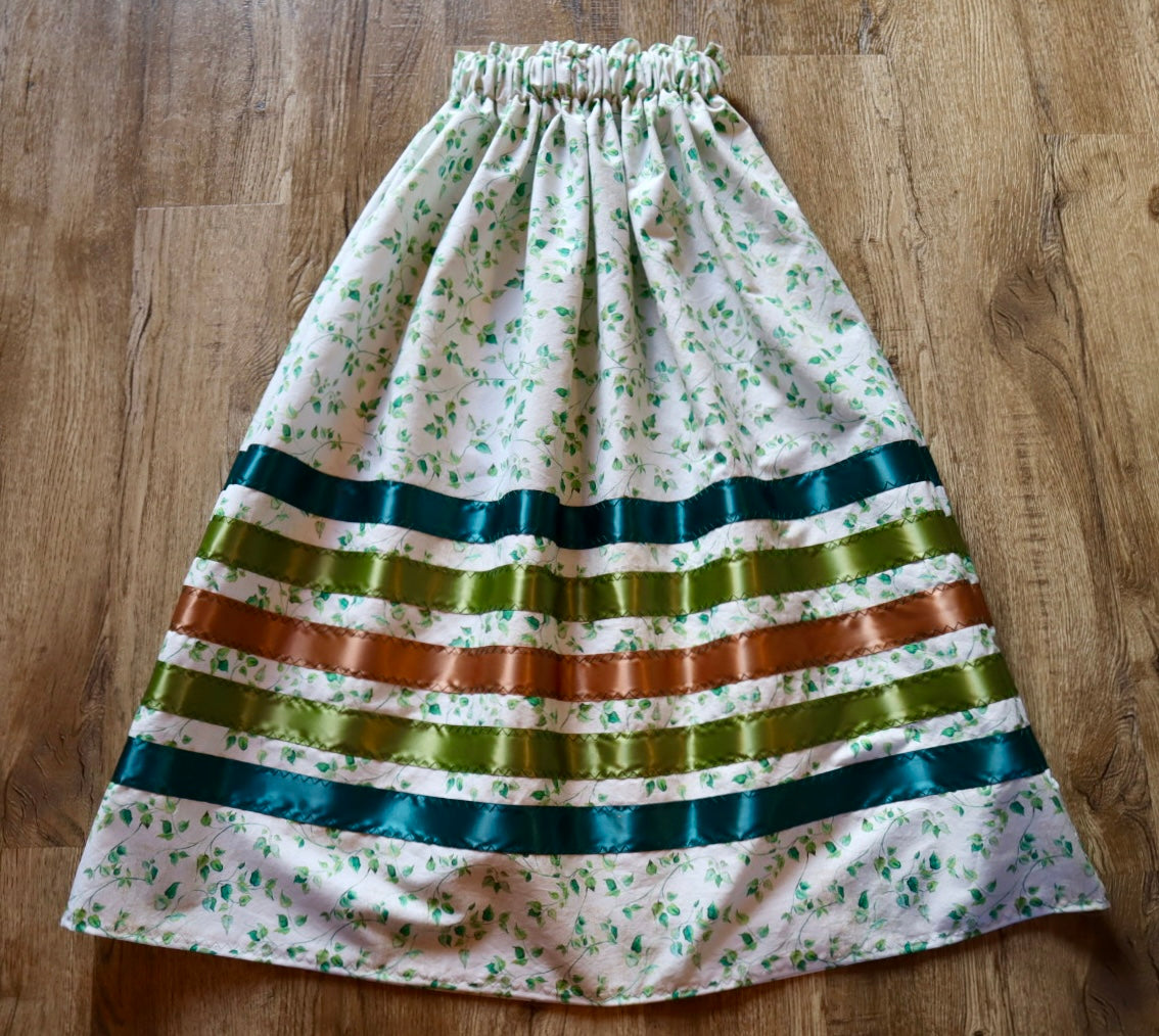 Handmade Ceremony, Casual Ribbon Skirt: Earthy Tones, Ivory Green Floral Print, Custom Waist *up to 50 inches* (enter desired sizes waist size “inches” or Dress/Pants size in order notes)