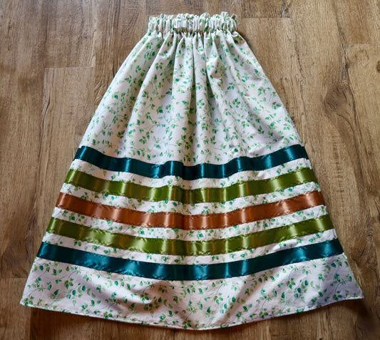 Handmade Ceremony, Casual Ribbon Skirt: Earthy Tones, Ivory Green Floral Print, Custom Waist *up to 50 inches* (enter desired sizes waist size “inches” or Dress/Pants size in order notes)