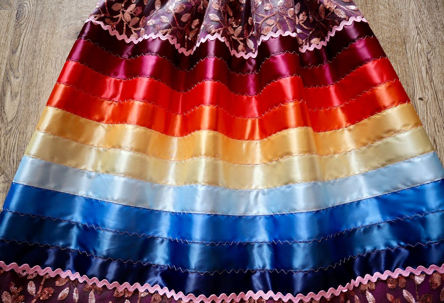 Couture Stacked Ribbon Skirt Pockets Womens Pink Lace Fire Water Tone Ombre RicRac Cotton OOAK Indigenous HandMade *up to 50 inches* (enter desired sizes waist size “inches” or Dress/Pants size in order notes)