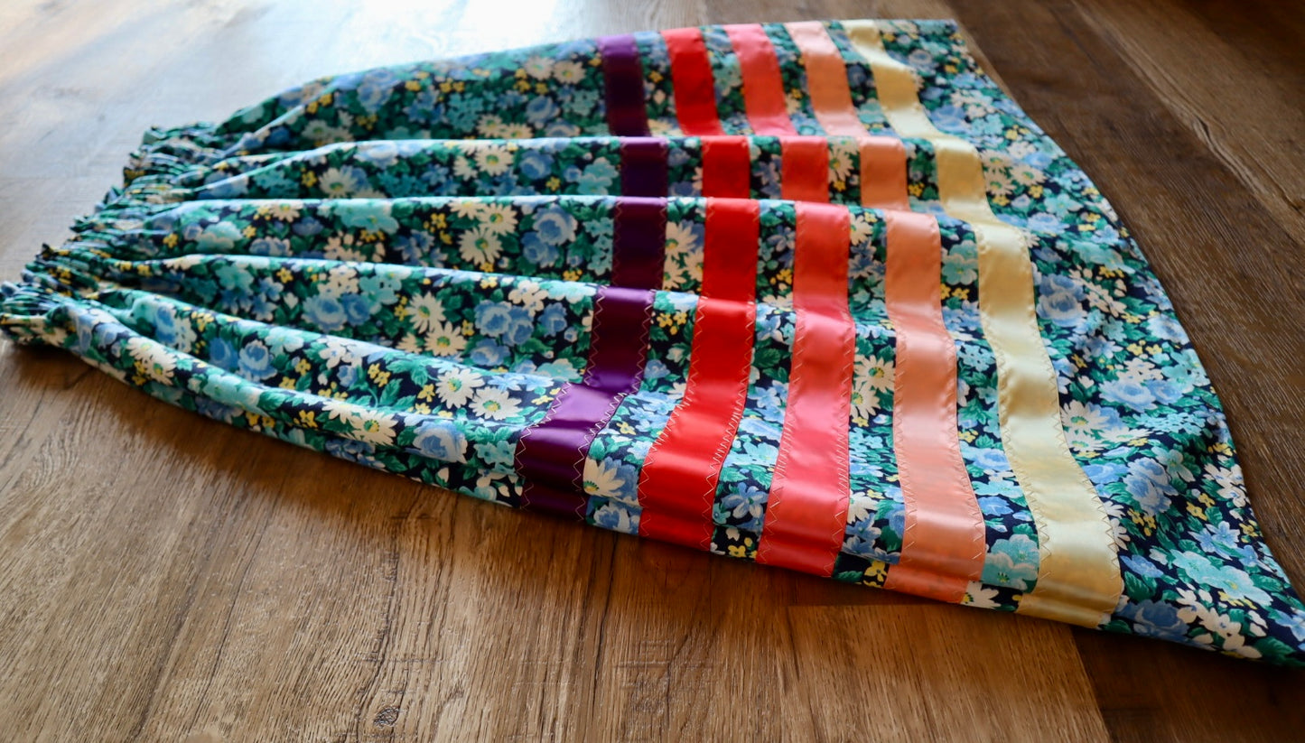 Handmade Ceremony, Casual Ribbon Skirt: Fire Tones, Blue Floral Print, Custom Waist *up to 50 inches* (enter desired sizes waist size “inches” or Dress/Pants size in order notes)