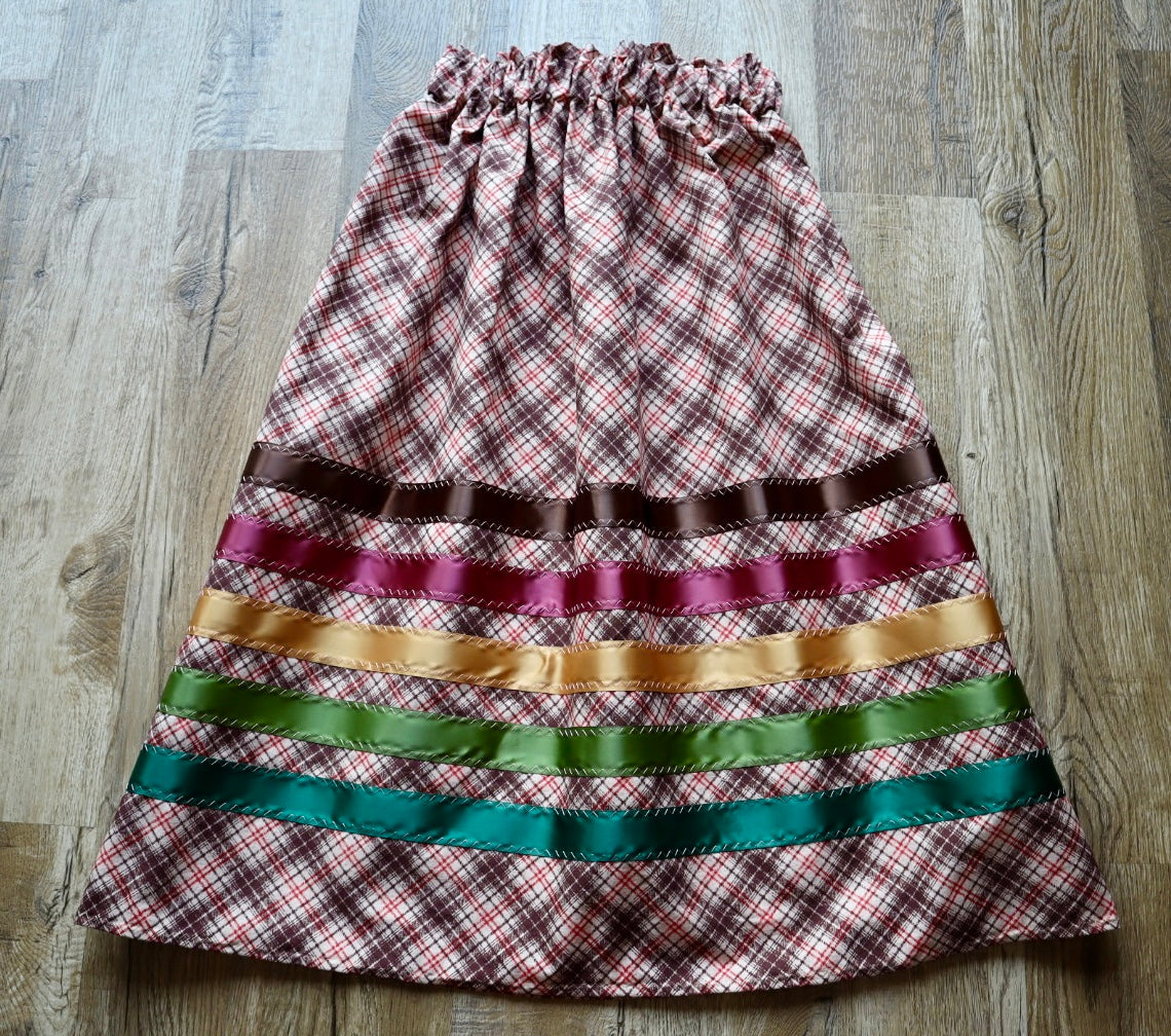 Handmade Ceremony, Casual Ribbon Skirt: Earth Tones, Brown and Red Plaid Print, Custom Waist *up to 50 inches* (enter desired sizes waist size “inches” or Dress/Pants size in order notes)