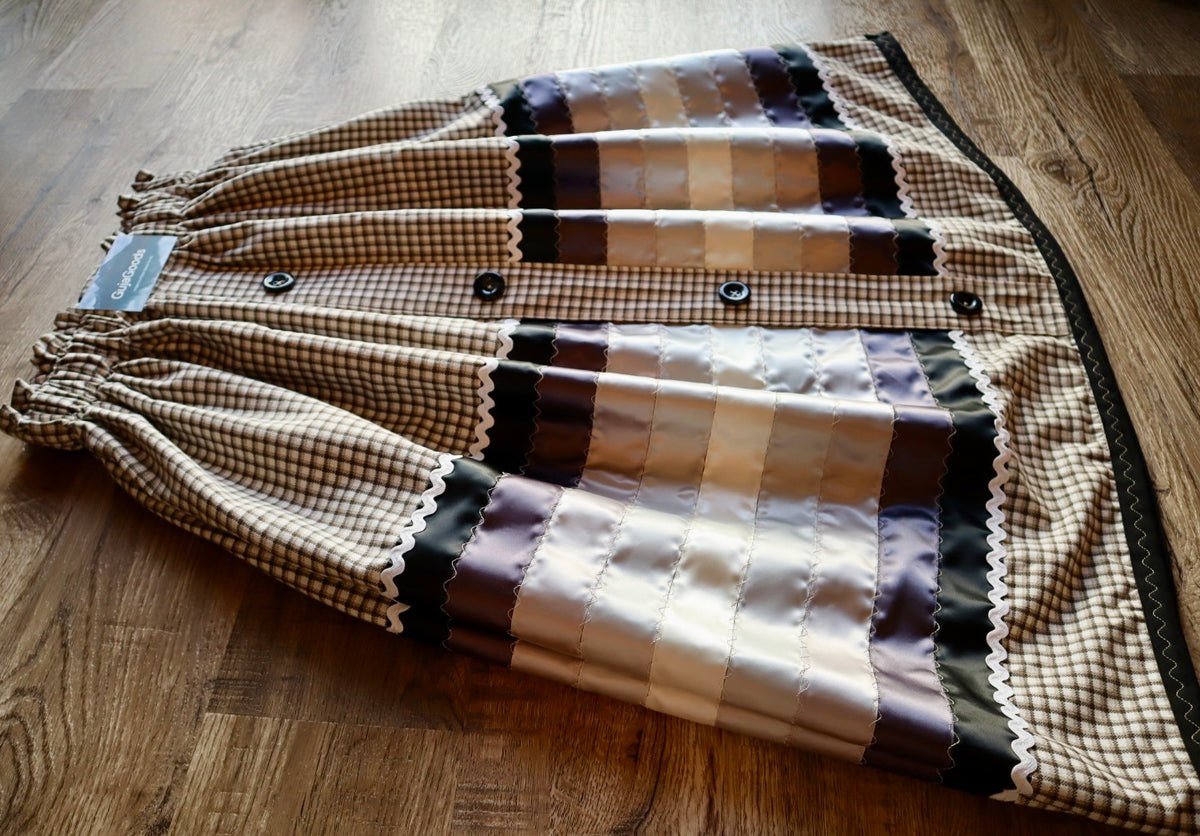 Couture Stacked Ribbon Skirt:  Cream Plaid Cotton with Buttons *up to 50 inches* (enter desired sizes waist size “inches” or Dress/Pants size in order notes)