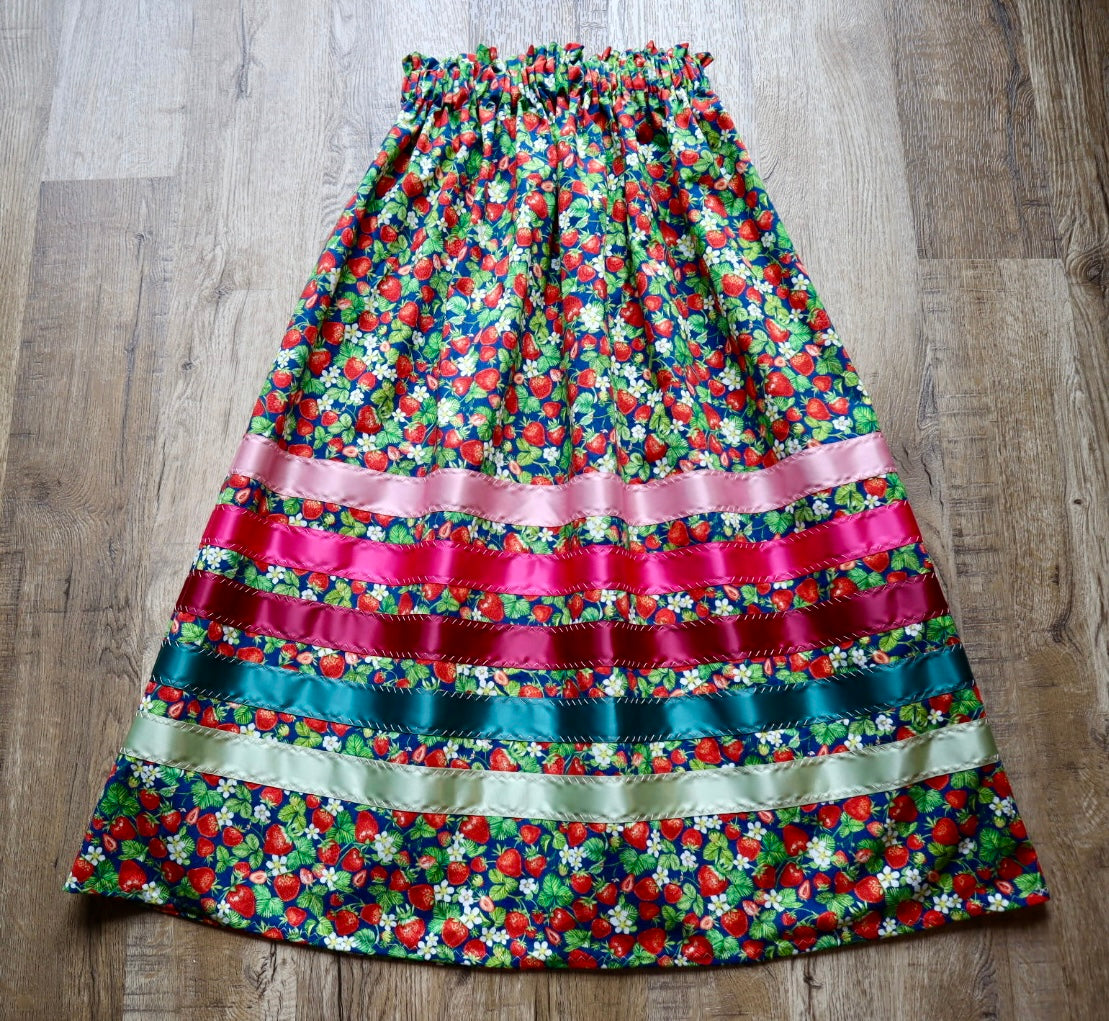 Handmade Ceremony, Casual Ribbon Skirt: Green to Pink Ombre, Strawberry Floral Print, Custom Waist *up to 50 inches* (enter desired sizes waist size “inches” or Dress/Pants size in order notes)