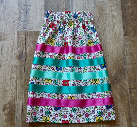 Handmade Ribbon Skirt, Child Size 4-6 Turquoise Pink Ombre Ivory Multi Coloured Floral Print Premium Cotton, OOAK Indigenous Made Clothing