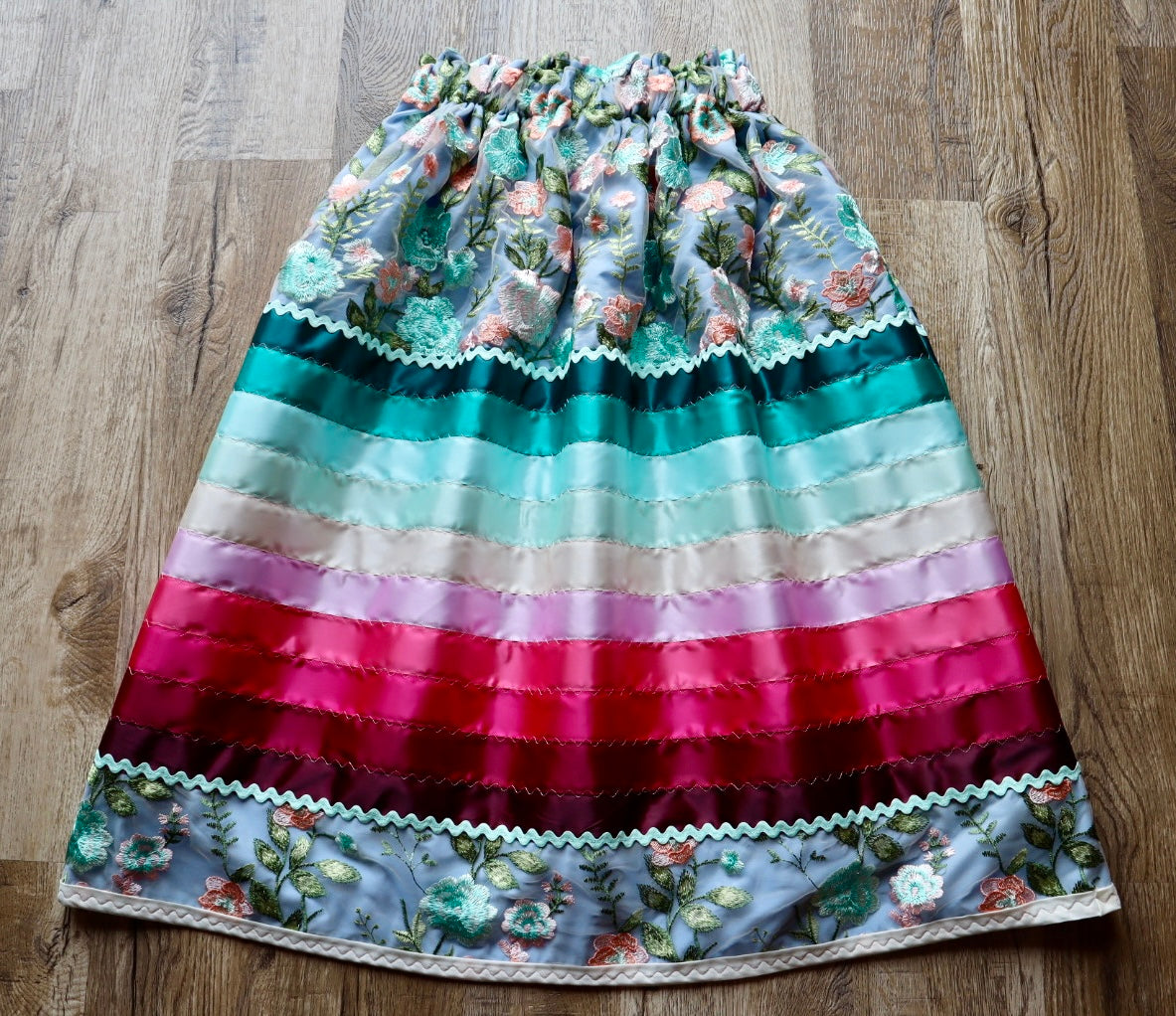 Couture Stacked Ribbon Skirt Pockets Womens Floral Lace Turquoise Pink Tone Ombre RicRac Cotton OOAK Indigenous HandMade *up to 50 inches* (enter desired sizes waist size “inches” or Dress/Pants size in order notes)