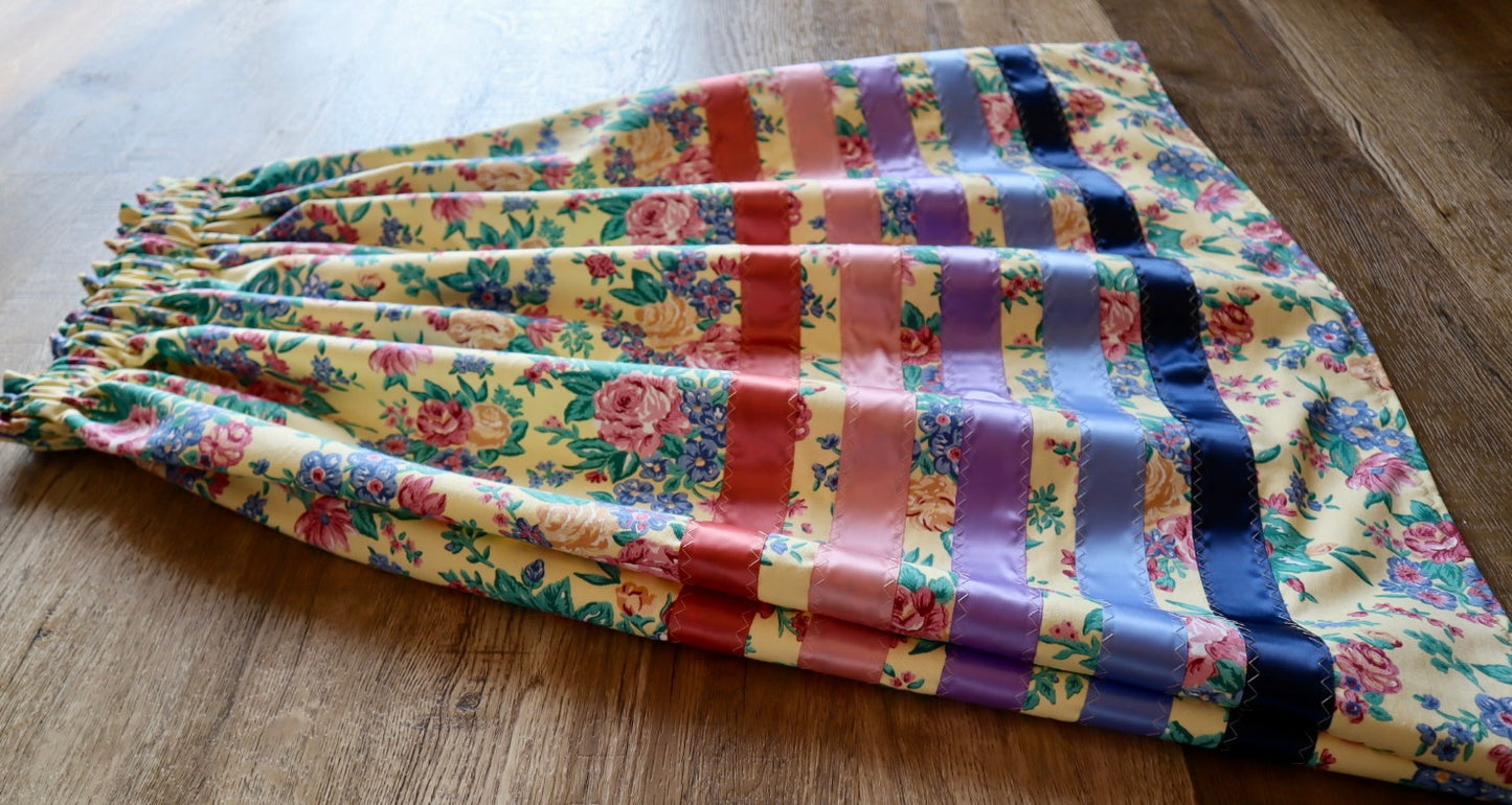 Handmade Ceremony, Casual Ribbon Skirt: Blue Purple Tones, Yellow Floral Print, Custom Waist *up to 50 inches* (enter desired sizes waist size “inches” or Dress/Pants size in order notes)