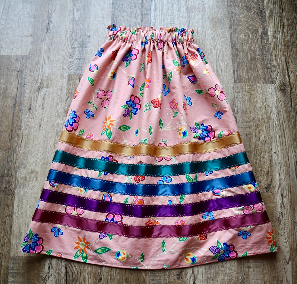 Handmade Ceremony, Casual Ribbon Skirt: Jewel Tones, Pink Indigenous Floral Print, Custom Waist *up to 50 inches* (enter desired sizes waist size “inches” or Dress/Pants size in order notes)