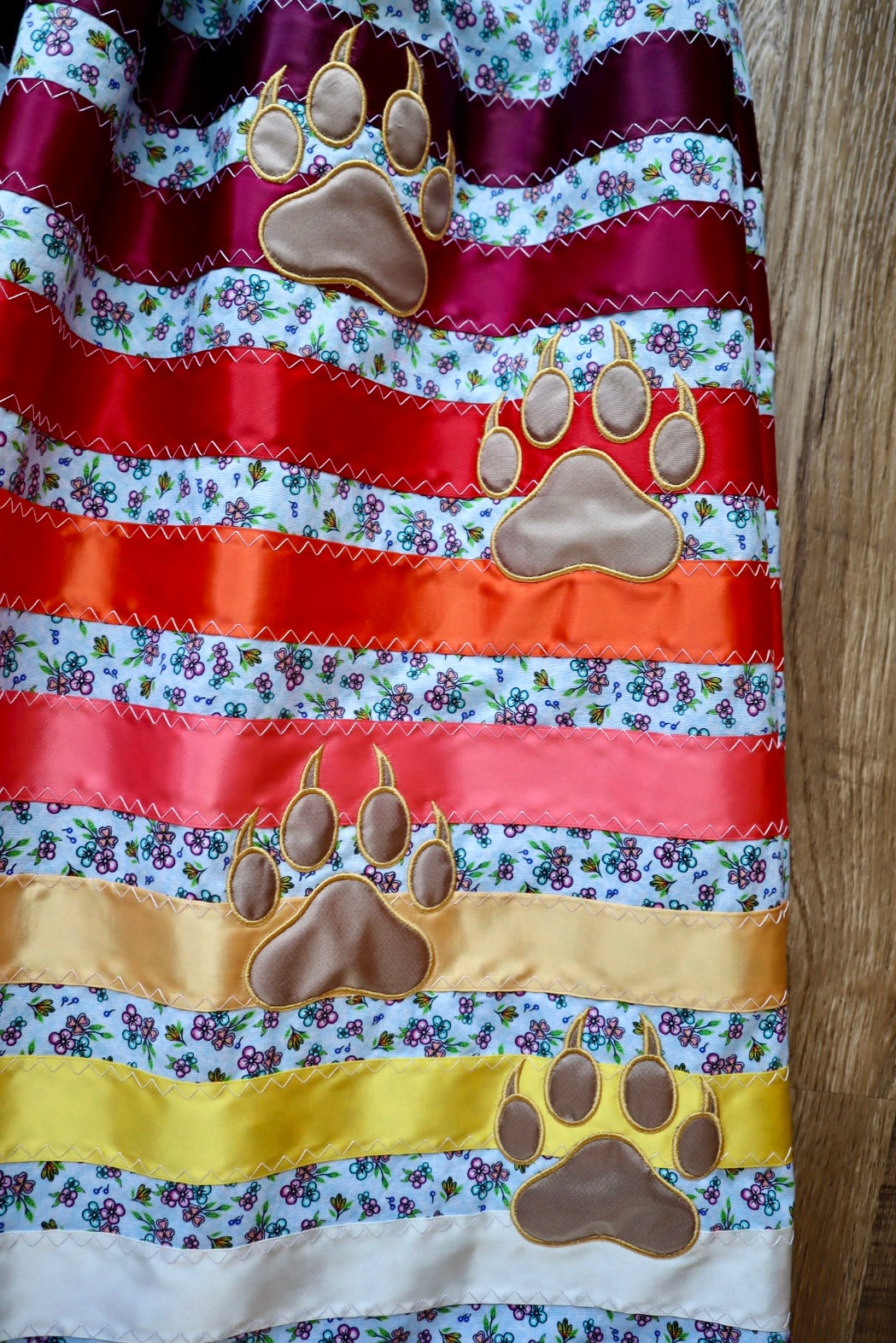 Couture Embroidered Bearpaw Ribbon Skirt Pockets Womens Blue Floral Premium Cotton Fire Tones OOAK Indigenous HandMade *up to 50 inches* (enter desired sizes waist size “inches” or Dress/Pants size in order notes)