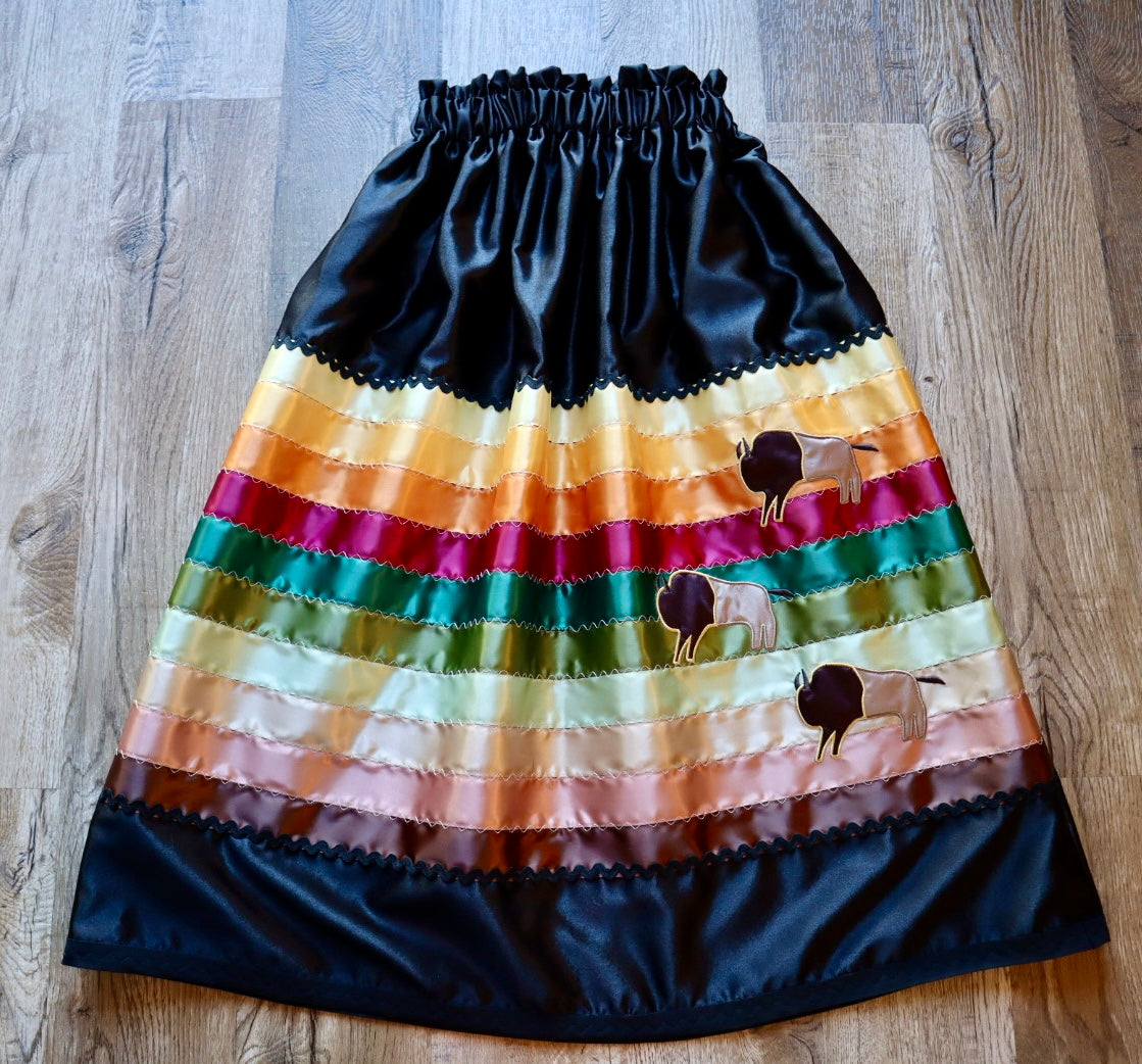 Couture Embroidered Stacked Bison Ribbon Skirt Pockets Womens Black Satin Earth Tones Ombre OOAK Indigenous HandMade *up to 50 inches* (enter desired sizes waist size “inches” or Dress/Pants size in order notes)