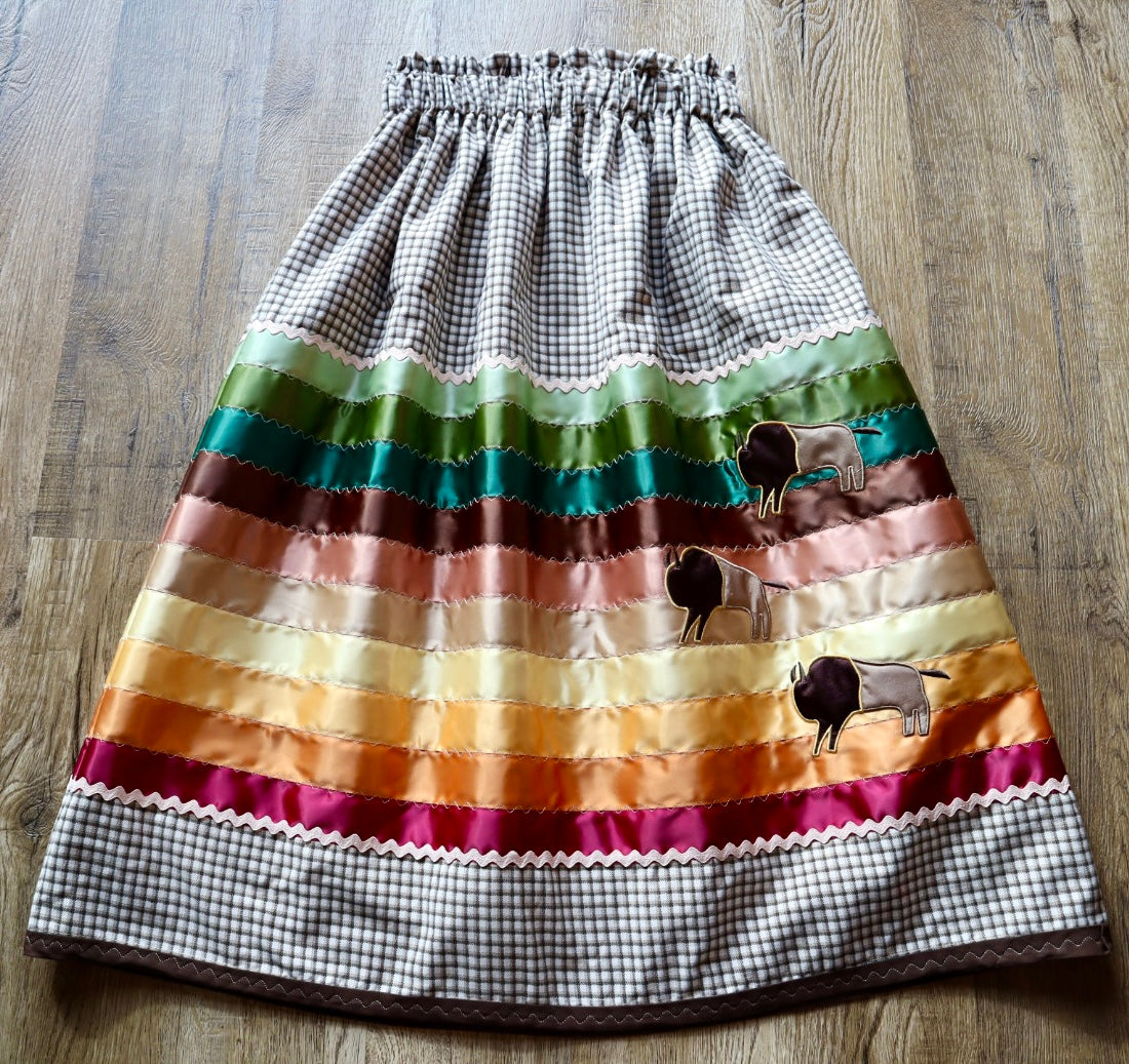 Couture Embroidered Stacked Bison Ribbon Skirt Pockets Womens Cream Plaid Cotton Earth Tones Ombre OOAK Indigenous HandMade *up to 50 inches* (enter desired sizes waist size “inches” or Dress/Pants size in order notes)