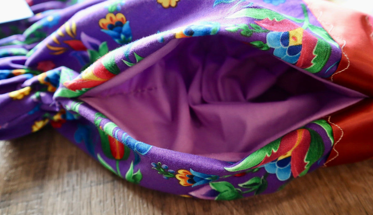 Couture Embroidered Stacked Pony Ribbon Skirt Pockets Womens Purple Floral Cotton Fire Water Ombre OOAK Indigenous HandMade *up to 50-53 inches* (enter desired sizes waist size “inches” or Dress/Pants size in order notes)