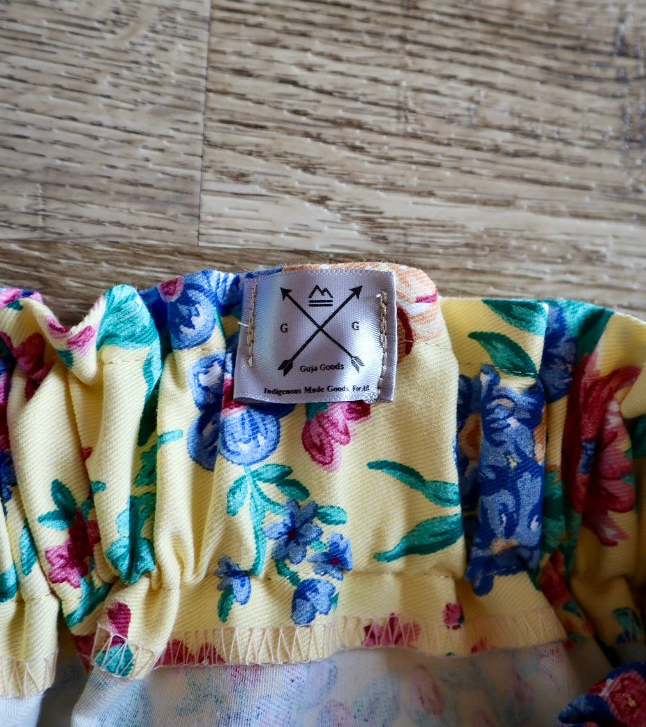 Handmade Ceremony, Casual Ribbon Skirt: Blue Purple Tones, Yellow Floral Print, Custom Waist *up to 50 inches* (enter desired sizes waist size “inches” or Dress/Pants size in order notes)