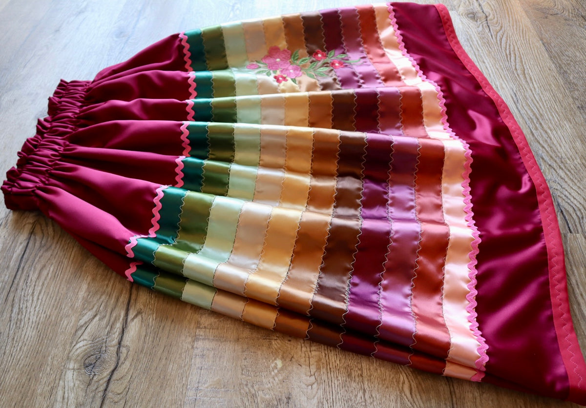 Couture Embroidered Floral Stacked Ribbon Skirt Pockets Womens Red Satin Earth Tones Ombre OOAK Indigenous HandMade *up to 50 inches* (enter desired sizes waist size “inches” or Dress/Pants size in order notes)