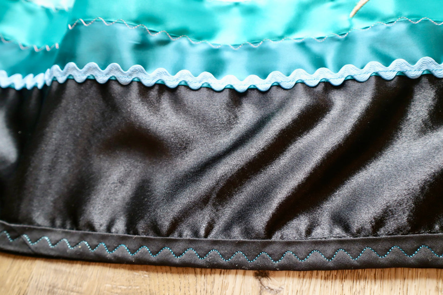 Couture Embroidered Stacked Pony Ribbon Skirt Pockets Womens Black Satin Fire Water Tones Ombre OOAK Indigenous HandMade *up to 50 inches* (enter desired sizes waist size “inches” or Dress/Pants size in order notes)