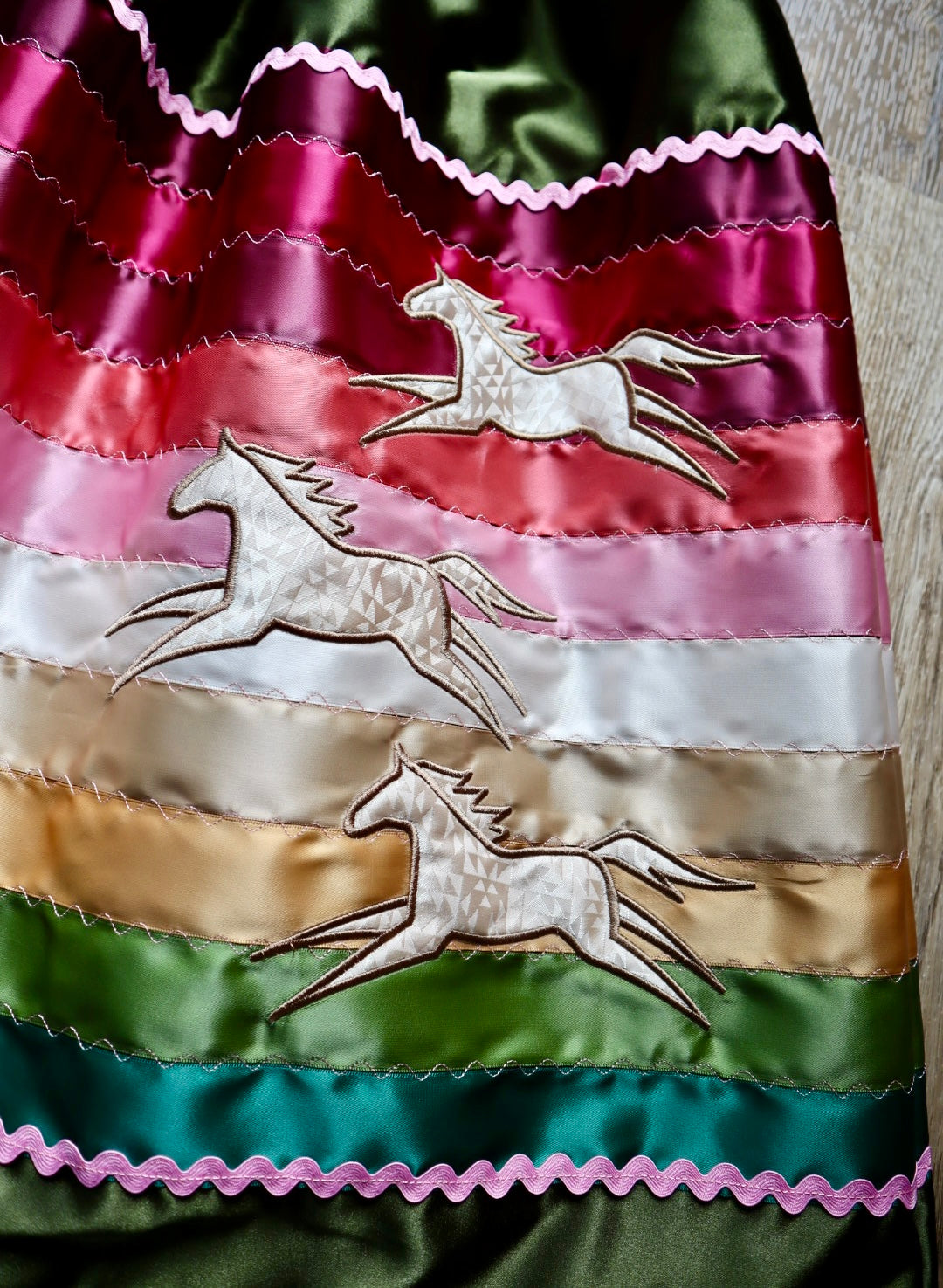 Couture Embroidered Stacked Pony Ribbon Skirt Pockets Womens Dark Olive Satin Earth Tones Ombre OOAK Indigenous HandMade *up to 50 inches* (enter desired sizes waist size “inches” or Dress/Pants size in order notes)