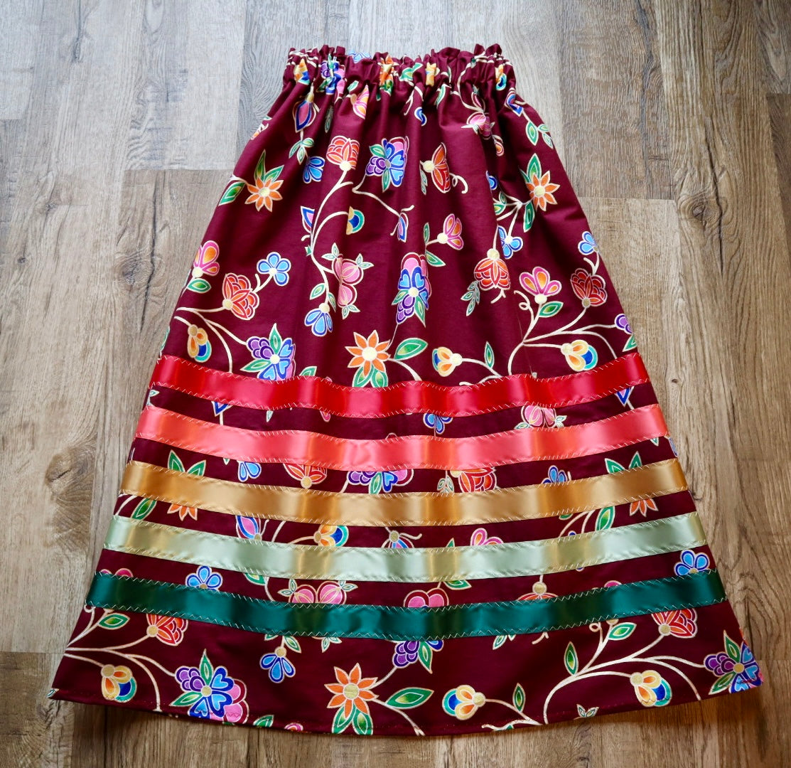 Handmade Ceremony, Casual Ribbon Skirt: Earth Tones, Maroon  Indigenous Floral Print, Custom Waist *up to 50 inches* (enter desired sizes waist size “inches” or Dress/Pants size in order notes)