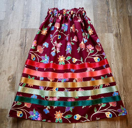 Handmade Ceremony, Casual Ribbon Skirt: Earth Tones, Maroon  Indigenous Floral Print, Custom Waist *up to 50 inches* (enter desired sizes waist size “inches” or Dress/Pants size in order notes)