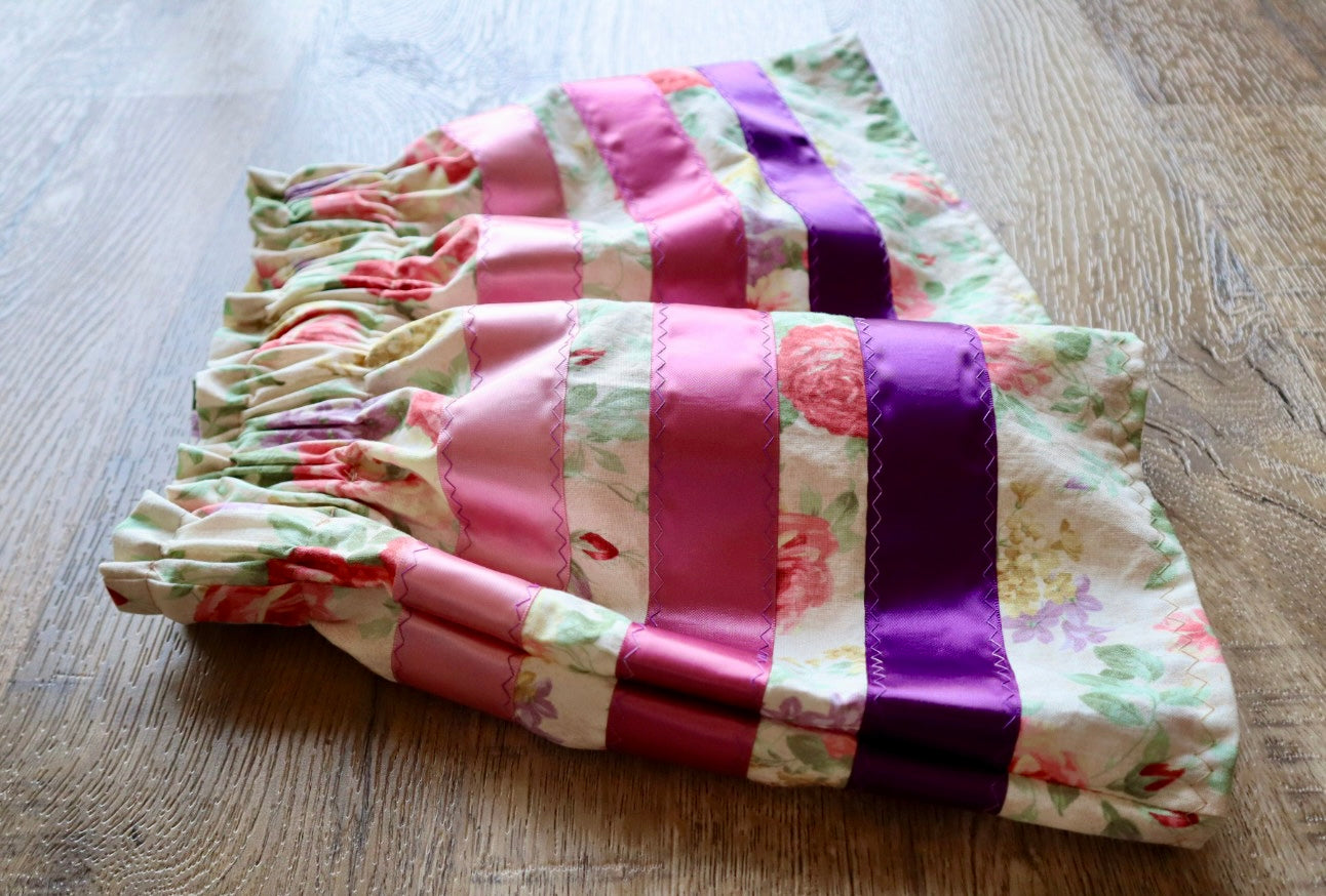 Handmade Infant Toddler Ribbon Skirt, Size 12M-2T Ruby Ombre Ivory Floral Print Premium Cotton, OOAK Indigenous Made Clothing