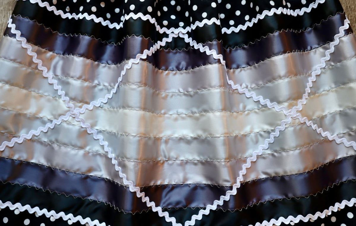 Couture Stacked Ribbon Skirt:  Black Polka Dot Cotton with Ric Rac *up to 50 inches* (enter desired sizes waist size “inches” or Dress/Pants size in order notes)