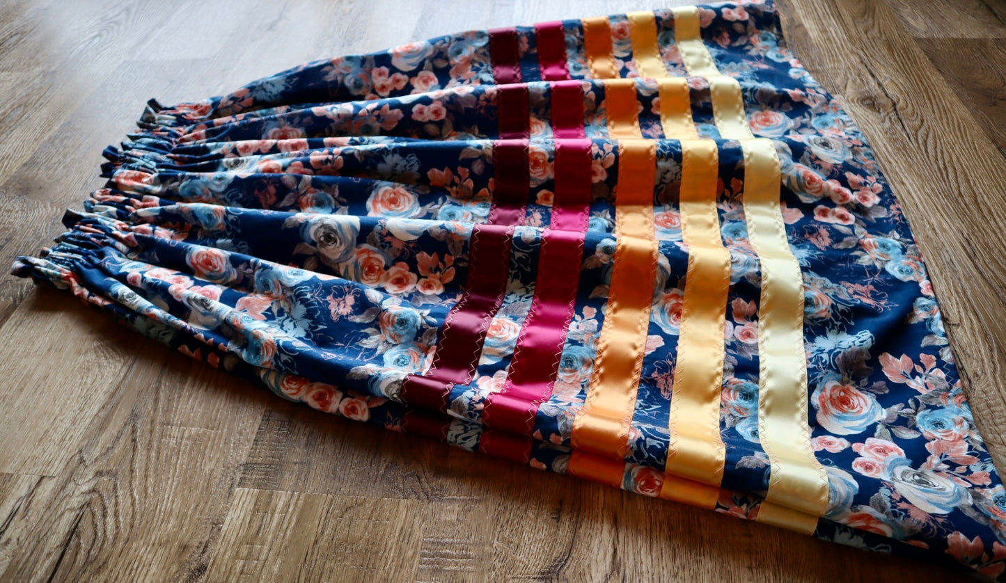 Handmade Ceremony, Casual Ribbon Skirt: Maroon to Gold Ombre, Blue Rose Floral Print, Custom Waist *up to 50 inches* (enter desired sizes waist size “inches” or Dress/Pants size in order notes)