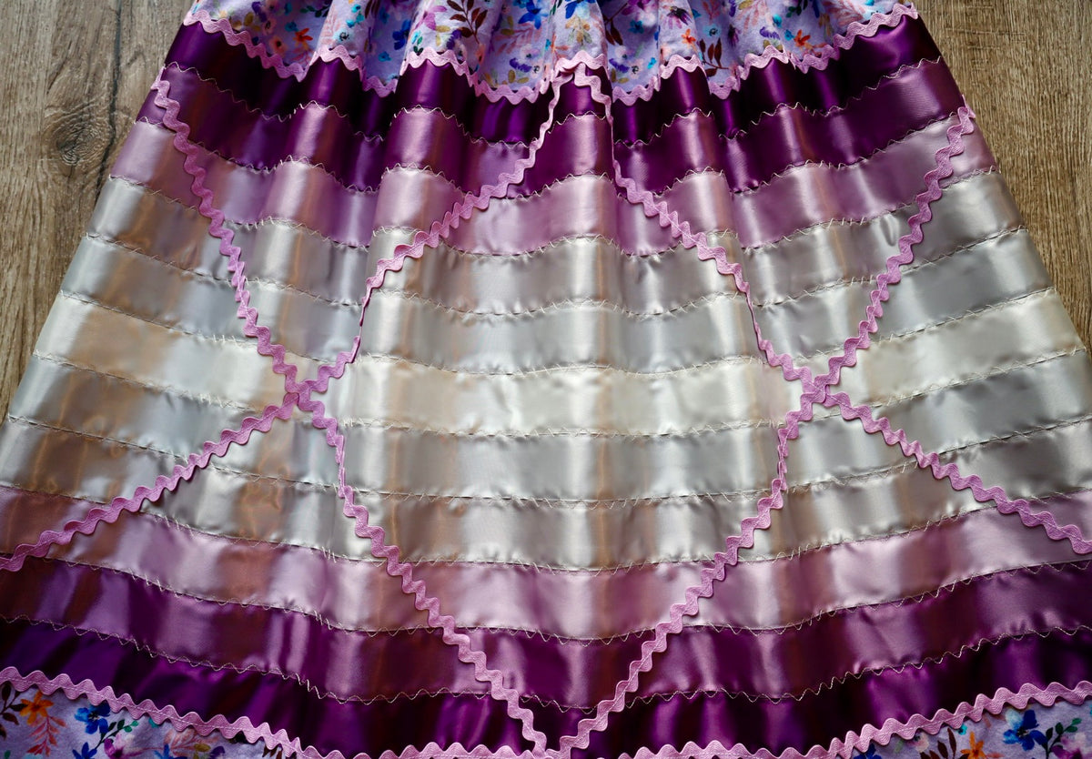 Couture Stacked Ribbon Skirt Pockets Womens Purple Floral Print Silver Ombre Ric Rac OOAK Indigenous HandMade *up to 50 inches* (enter desired sizes waist size “inches” or Dress/Pants size in order notes)