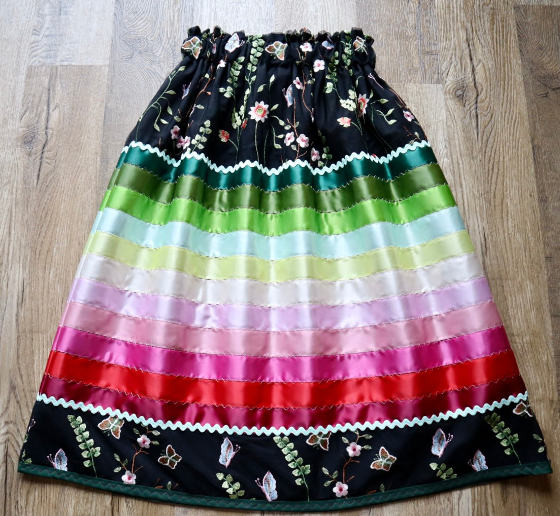 Couture Stacked Ribbon Skirt Pockets Womens Black Lace Green Pink Tone Ombre RicRac Cotton OOAK Indigenous HandMade *up to 50 inches* (enter desired sizes waist size “inches” or Dress/Pants size in order notes)