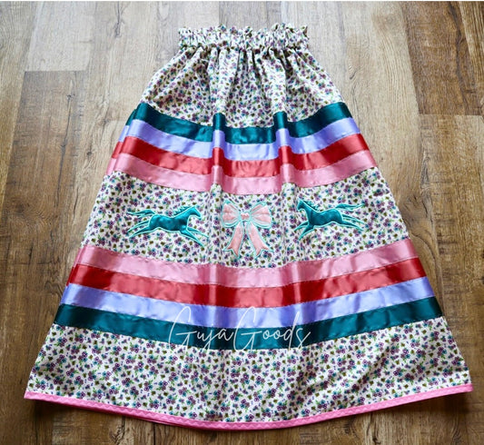 Couture Embroidered Applique Ribbon Skirt Pockets Womens Ivory Floral Premium Cotton Ponies and Bows OOAK Indigenous CustomWaist *up to 50 inches* (enter desired sizes waist size “inches” or Dress/Pants size in order notes)