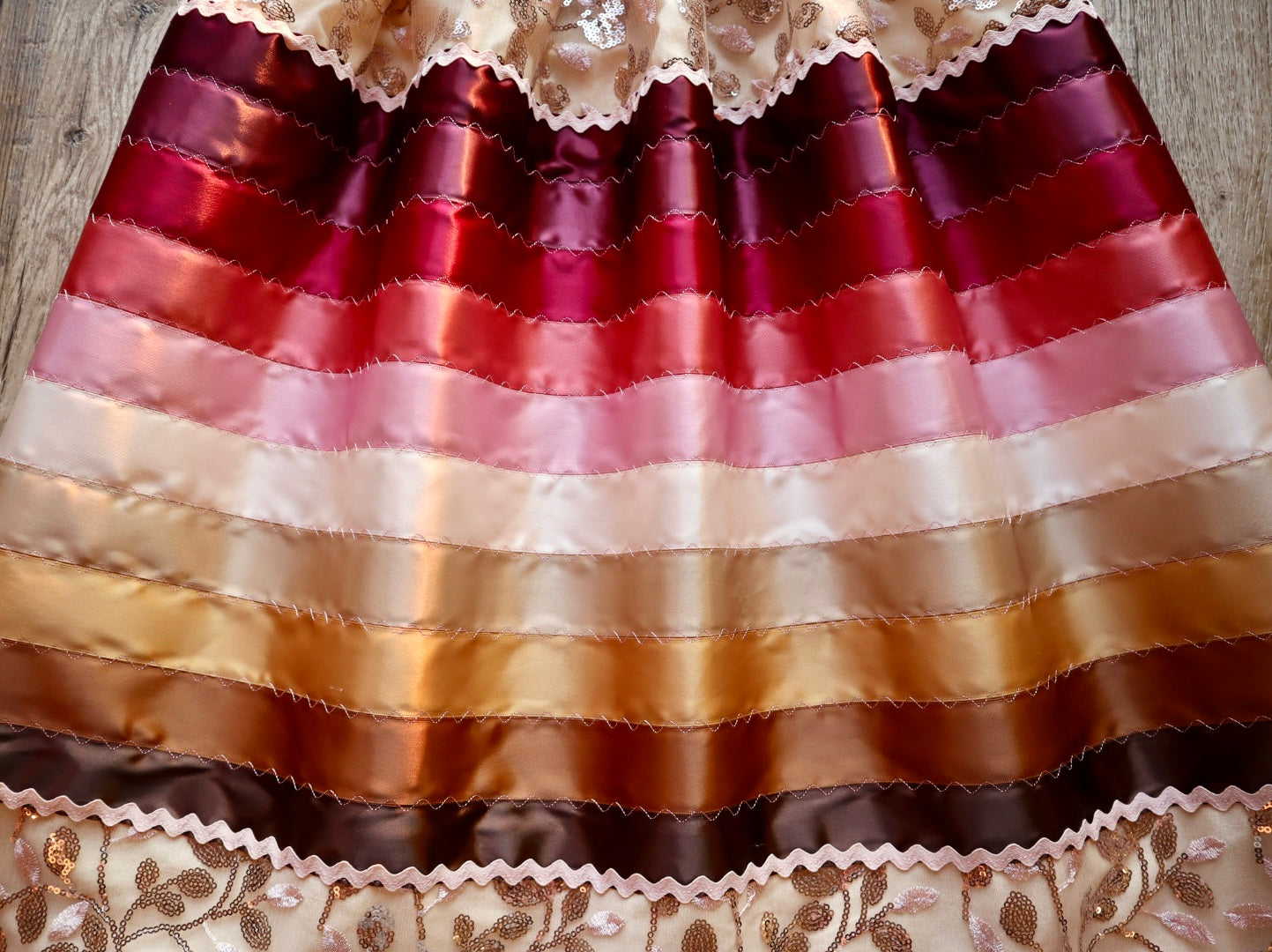 Couture Stacked Ribbon Skirt Pockets Womens Sequin Nude Lace Maroon Brown Ombre RicRac Cotton OOAK Indigenous HandMade *up to 50 inches* (enter desired sizes waist size “inches” or Dress/Pants size in order notes)