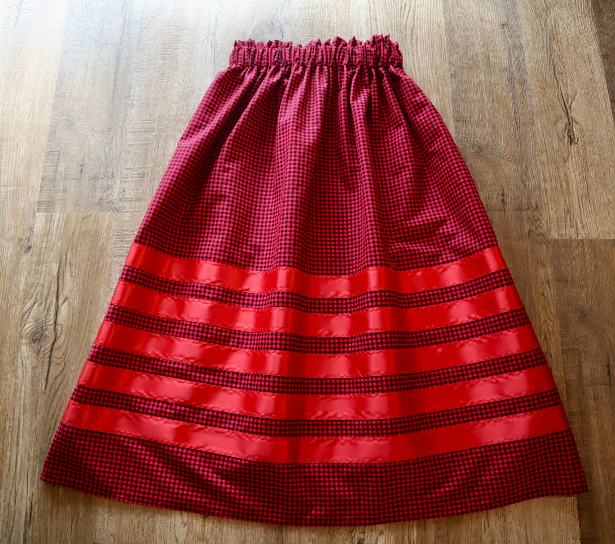 Handmade Ceremony, Casual Ribbon Skirt: All Red Gingham Print, Custom Waist *up to 50 inches* (enter desired sizes waist size “inches” or Dress/Pants size in order notes)