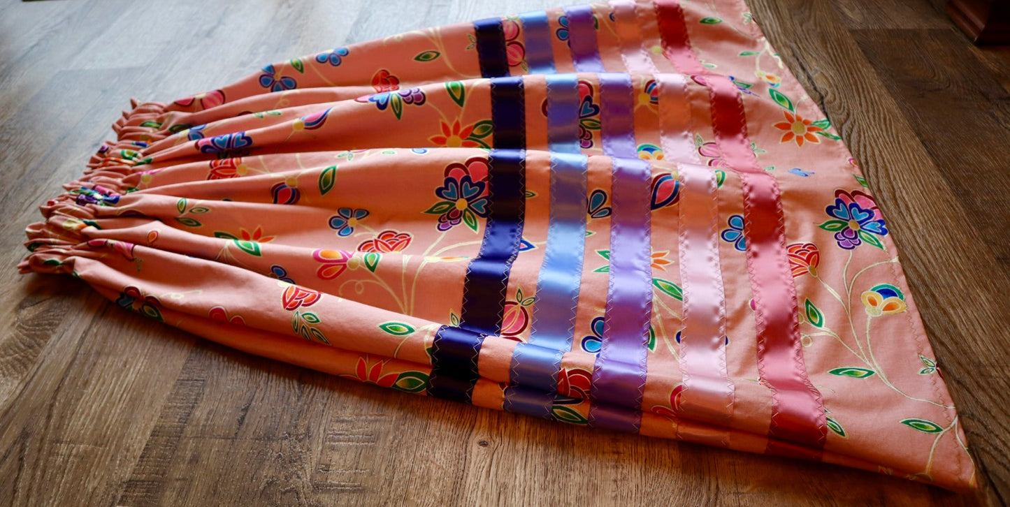 Handmade Ceremony, Casual Ribbon Skirt: Blue Purple Tones, Pink Indigenous Floral Print, Custom Waist *up to 50 inches* (enter desired sizes waist size “inches” or Dress/Pants size in order notes)