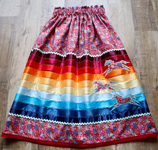 Couture Embroidered Stacked Pony Ribbon Skirt Pockets Womens Indigenous Red Floral Cotton Fire Water Ombre OOAK Indigenous HandMade *up to 50 inches* (enter desired sizes waist size “inches” or Dress/Pants size in order notes)