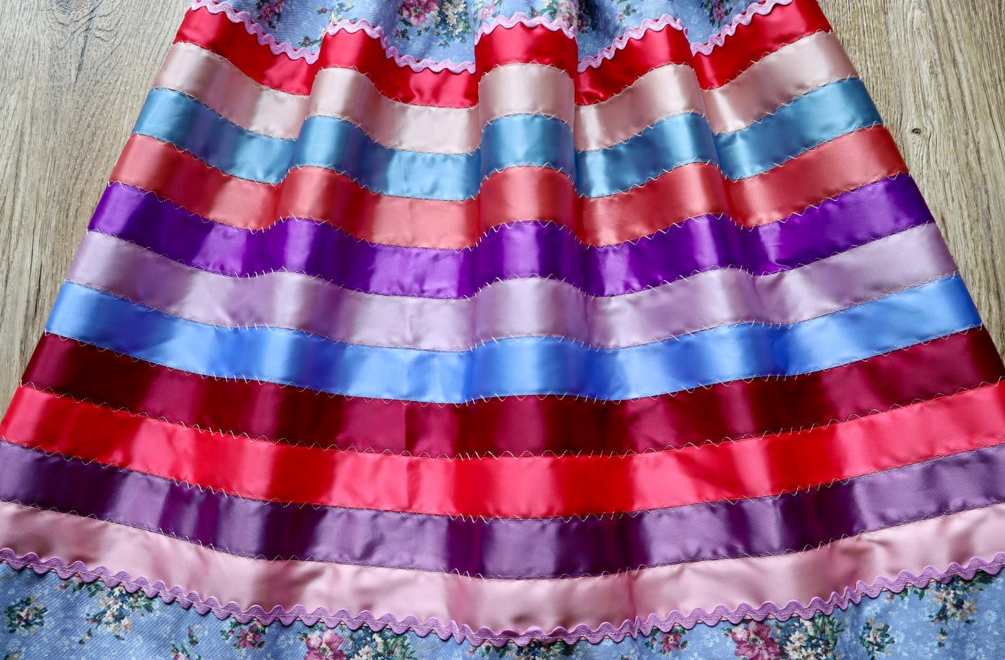 Couture Stacked Ribbon Skirt Pockets Womens Blue Floral Miscellaneous Ric Rac Cotton Miscellaneous OOAK Indigenous HandMade *up to 50 inches* (enter desired sizes waist size “inches” or Dress/Pants size in order notes)