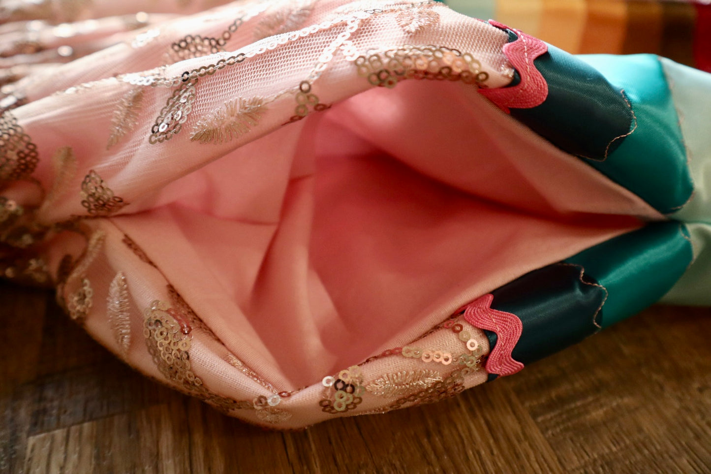 Couture Stacked Ribbon Skirt Pockets Womens Sequin Floral Lace Turquoise Pink Tone Ombre RicRac Cotton OOAK Indigenous HandMade *up to 50 inches* (enter desired sizes waist size “inches” or Dress/Pants size in order notes)